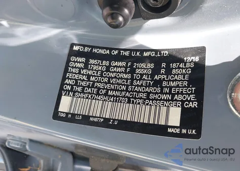 2017 Honda Civic Sport z USA, uszkodzony, nr VIN SHHFK7H45HU411703